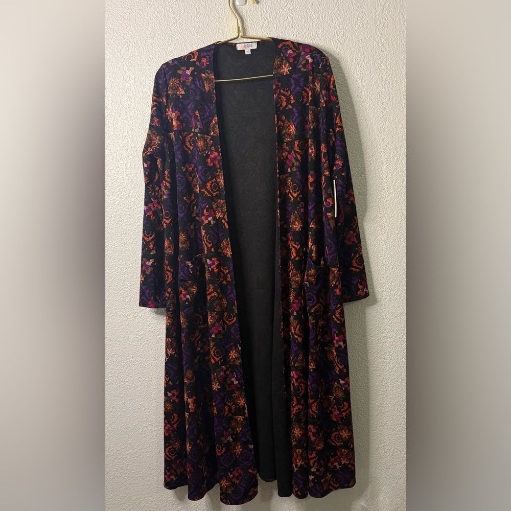 LuLaRoe- Sarah-Long Duster-Black, purple and Orange print- Size Medium